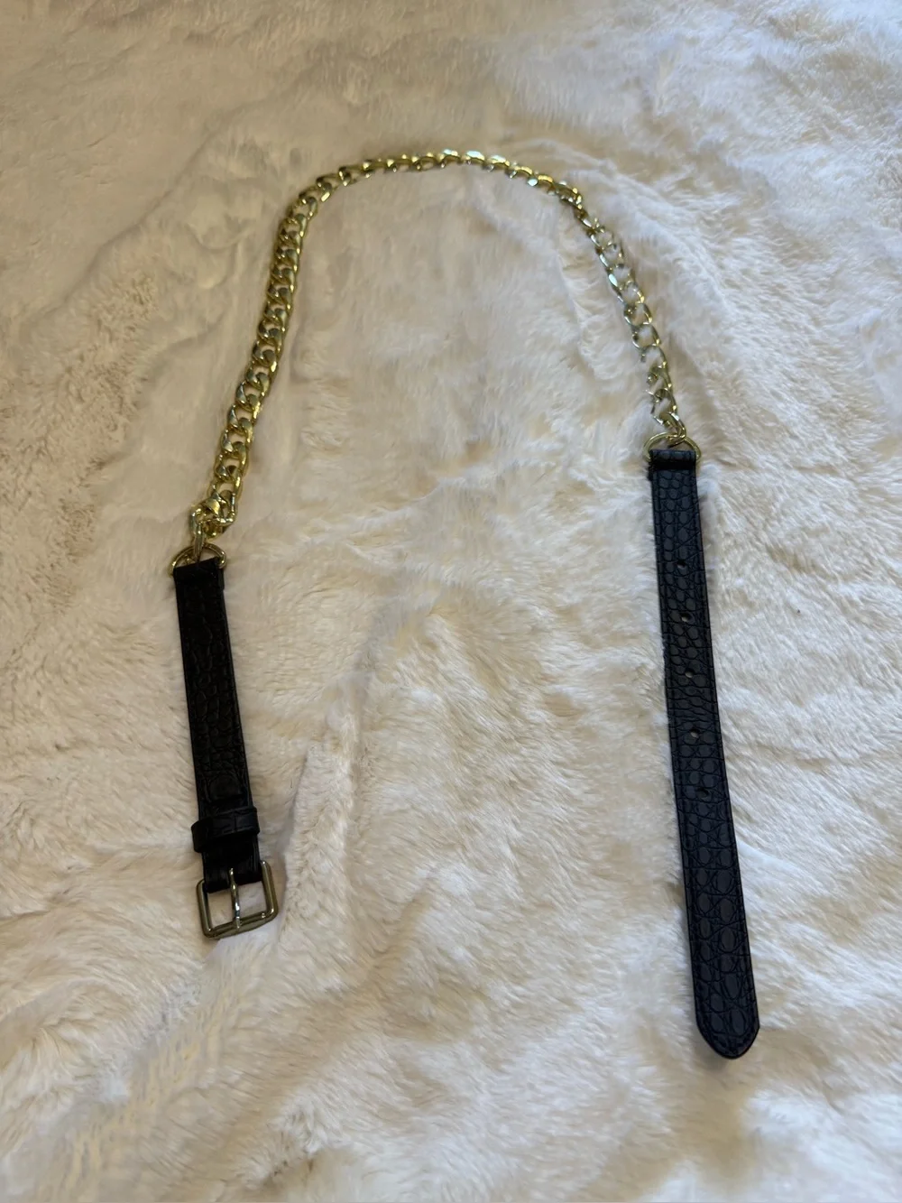 Gold Chain Black Leather Strap Belt - Women's Accessory
